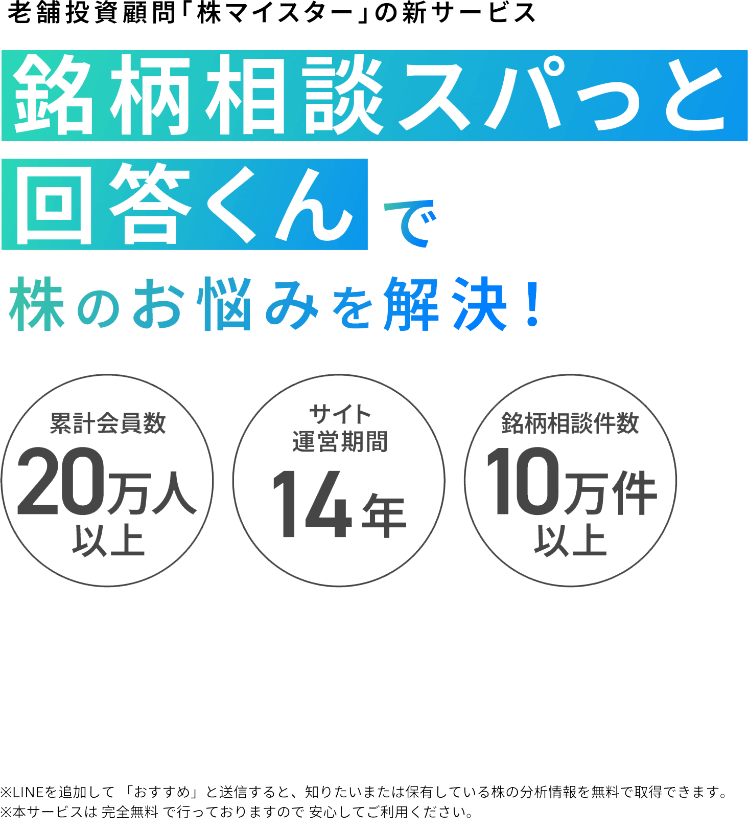 老舗投資顧問「株マイスター」の新サービス 銘柄相談スパッと回答くんで株のお悩みを解決！ 累計会員数20万件以上 | サイト運営期間14年 | 銘柄相談件数10万件以上